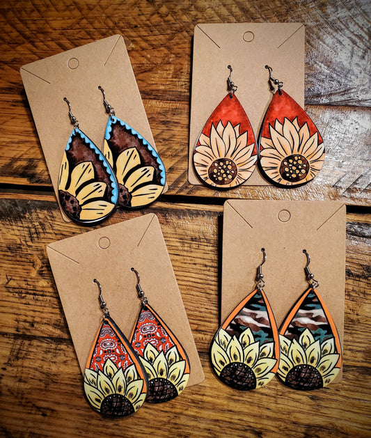 Handmade Sunflower Printed Wood Earrings - Hypoallergenic, Pick Your Style