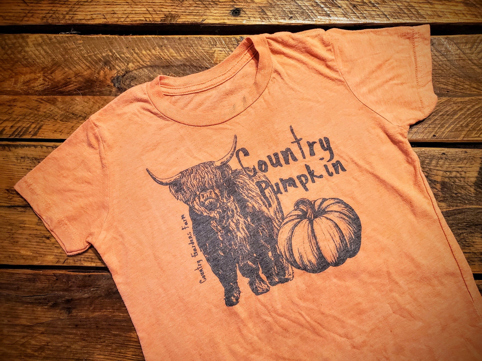 Country Pumpkin Highlander Cow - Premium Extra Soft Vintage Western Tee Shirt - Pick Your Color - Baby, Toddler, Youth, Adult Sizes