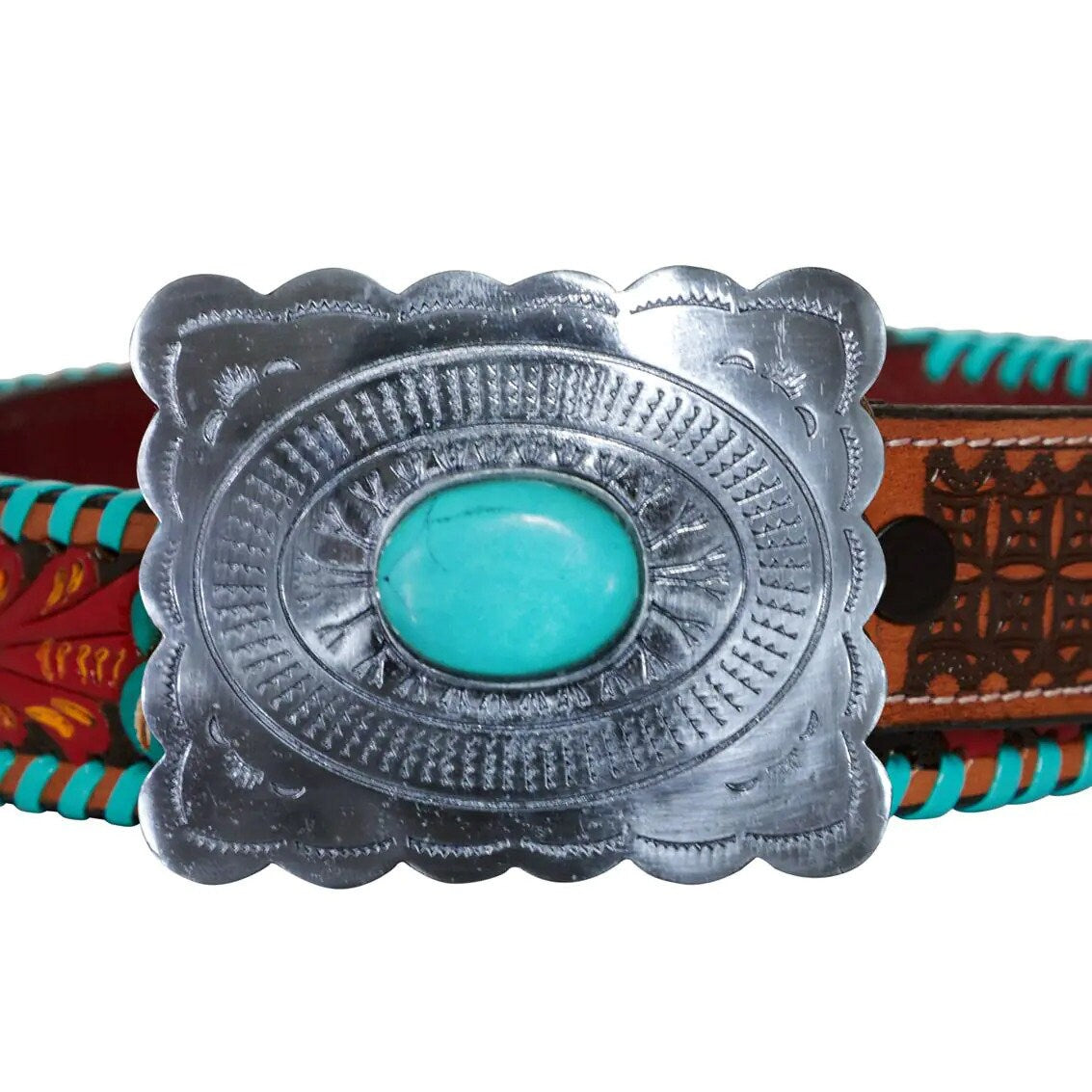 Tooled & Laced Turquoise Floral Western Leather Belt with Silver Turquoise Buckle