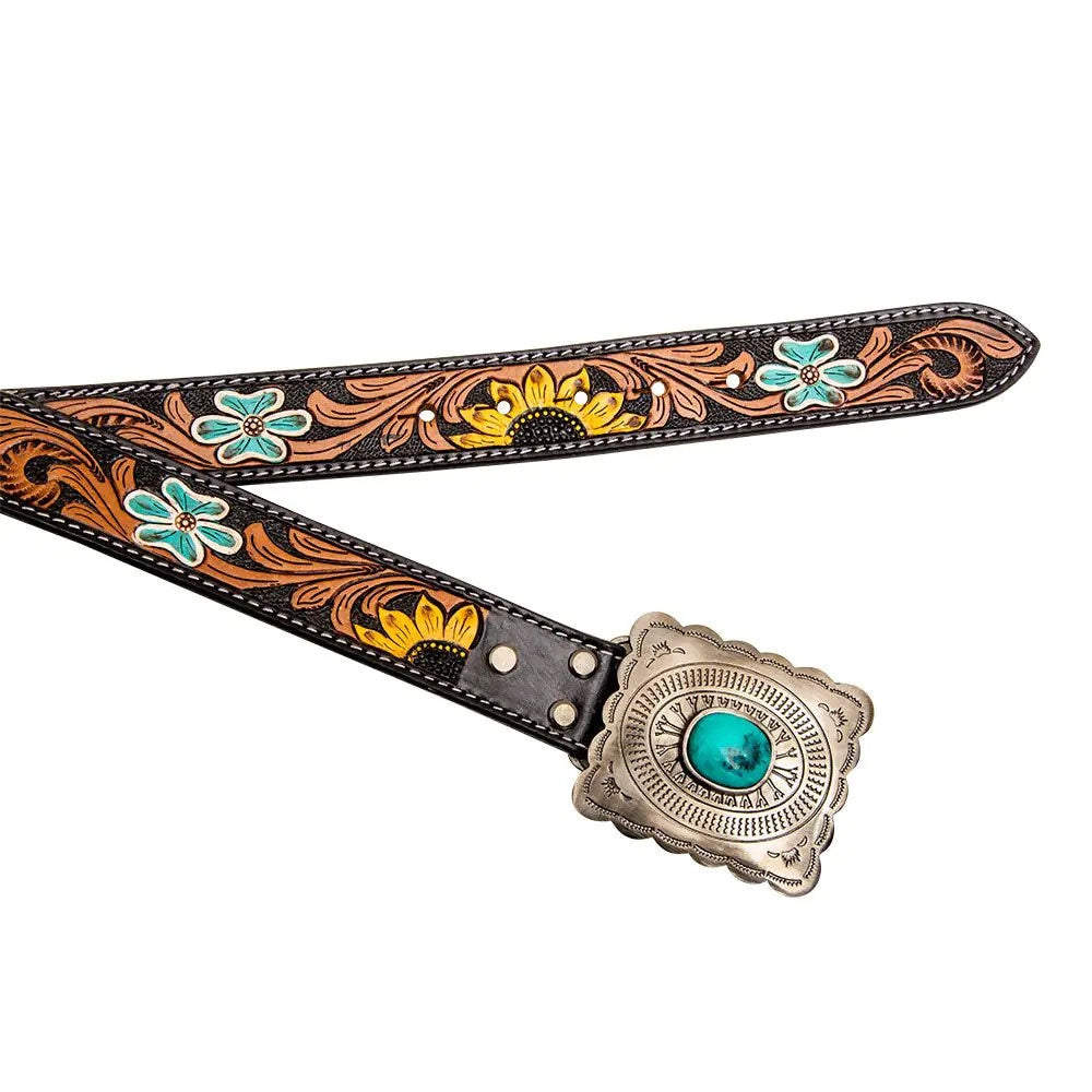 Tooled & Cowhide Concho Western Leather Belt with Silver Turquoise Buckle