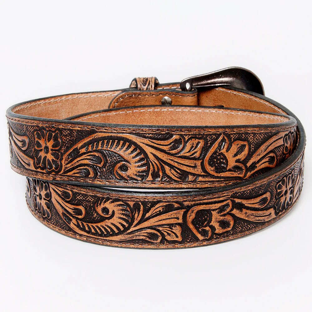 Floral Tooled Western Belt with Copper Buckle