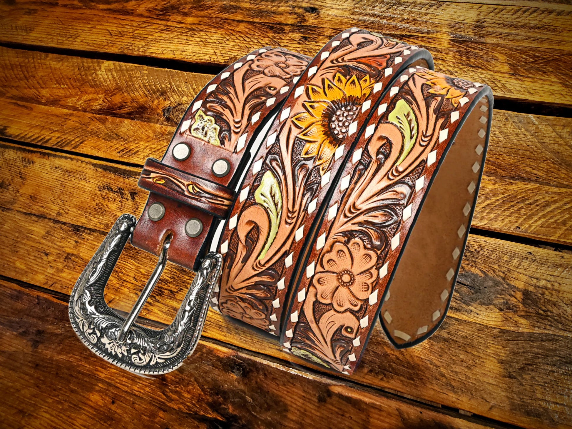 Antiqued Tooled Leather Sunflower & Buckstitch Western Belt