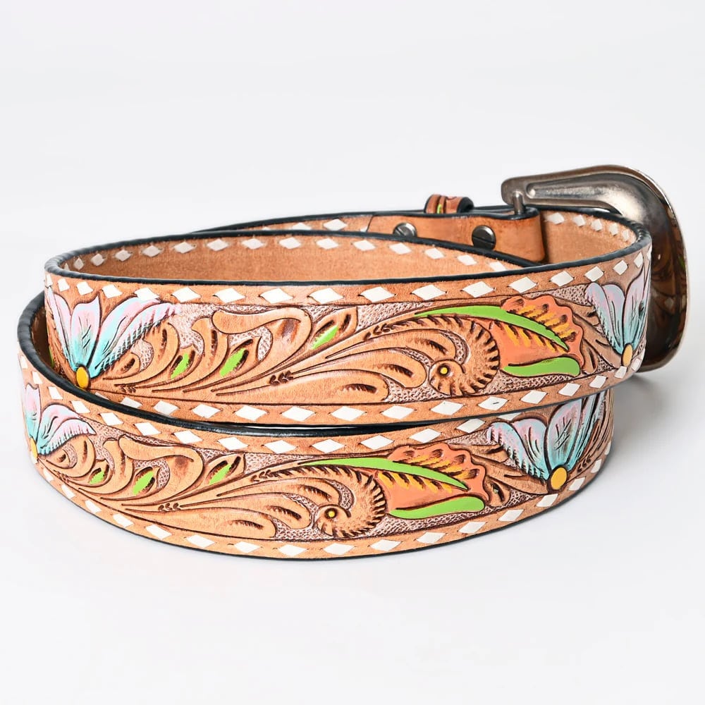 Pastel Tooled Leather Floral & Buckstitch Western Belt