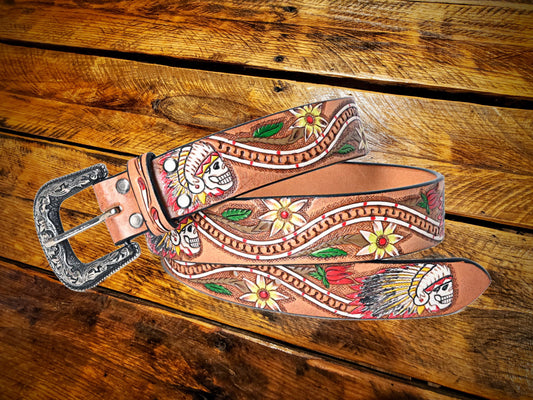 Tribal Headdress Tooled Leather Floral & Running W Western Belt