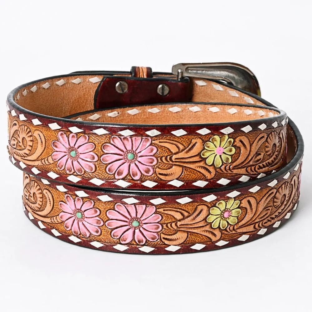 Pink Daisy Tooled Leather & Buckstitch Floral Western Belt