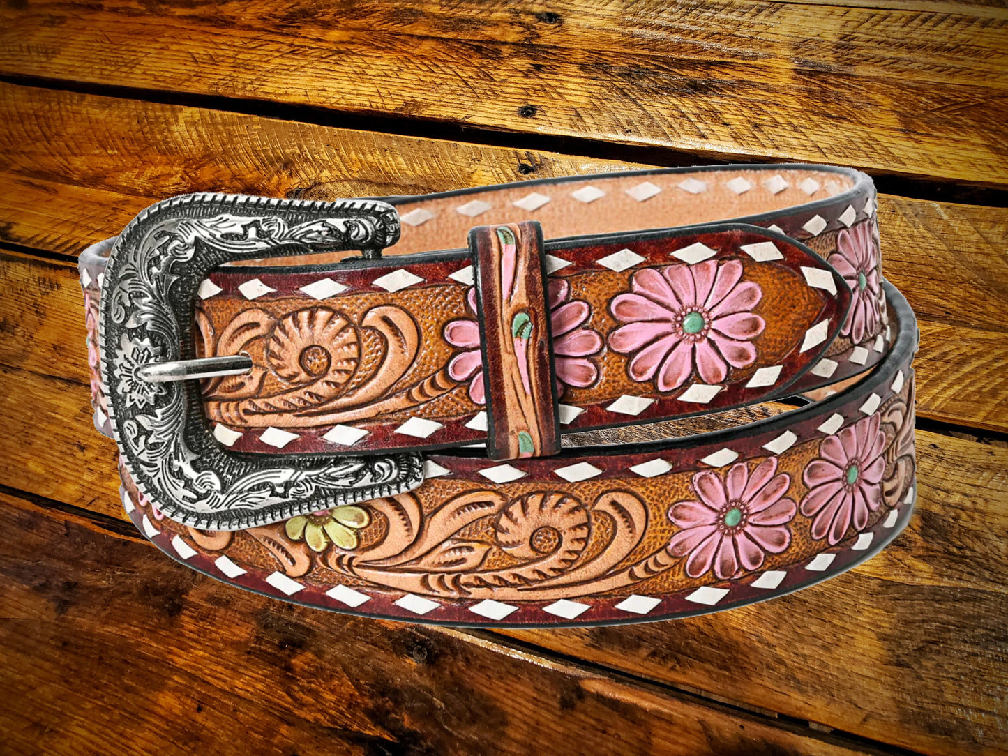 Pink Daisy Tooled Leather & Buckstitch Floral Western Belt