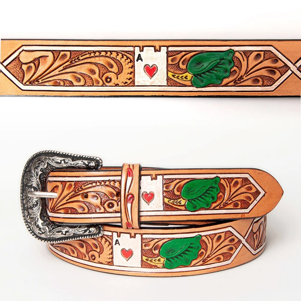 Tooled Leather Aces Poker Western Belt