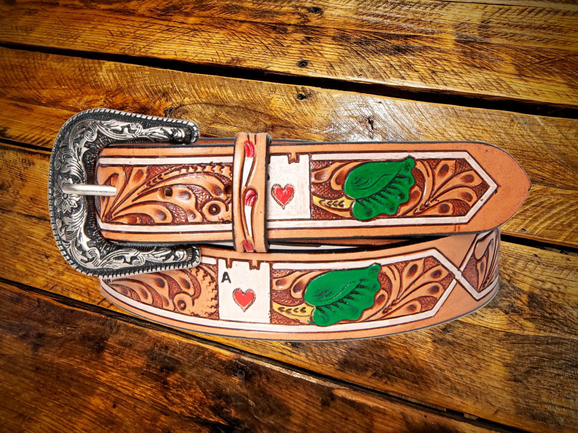 Tooled Leather Aces Poker Western Belt