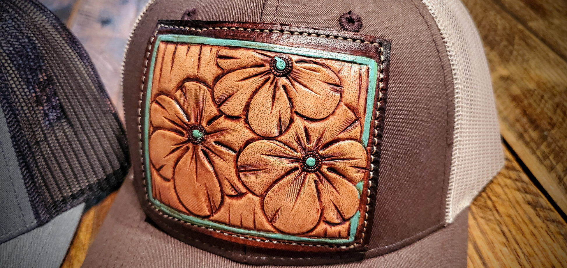 Hand Tooled Flower Western Leather Patch Hat