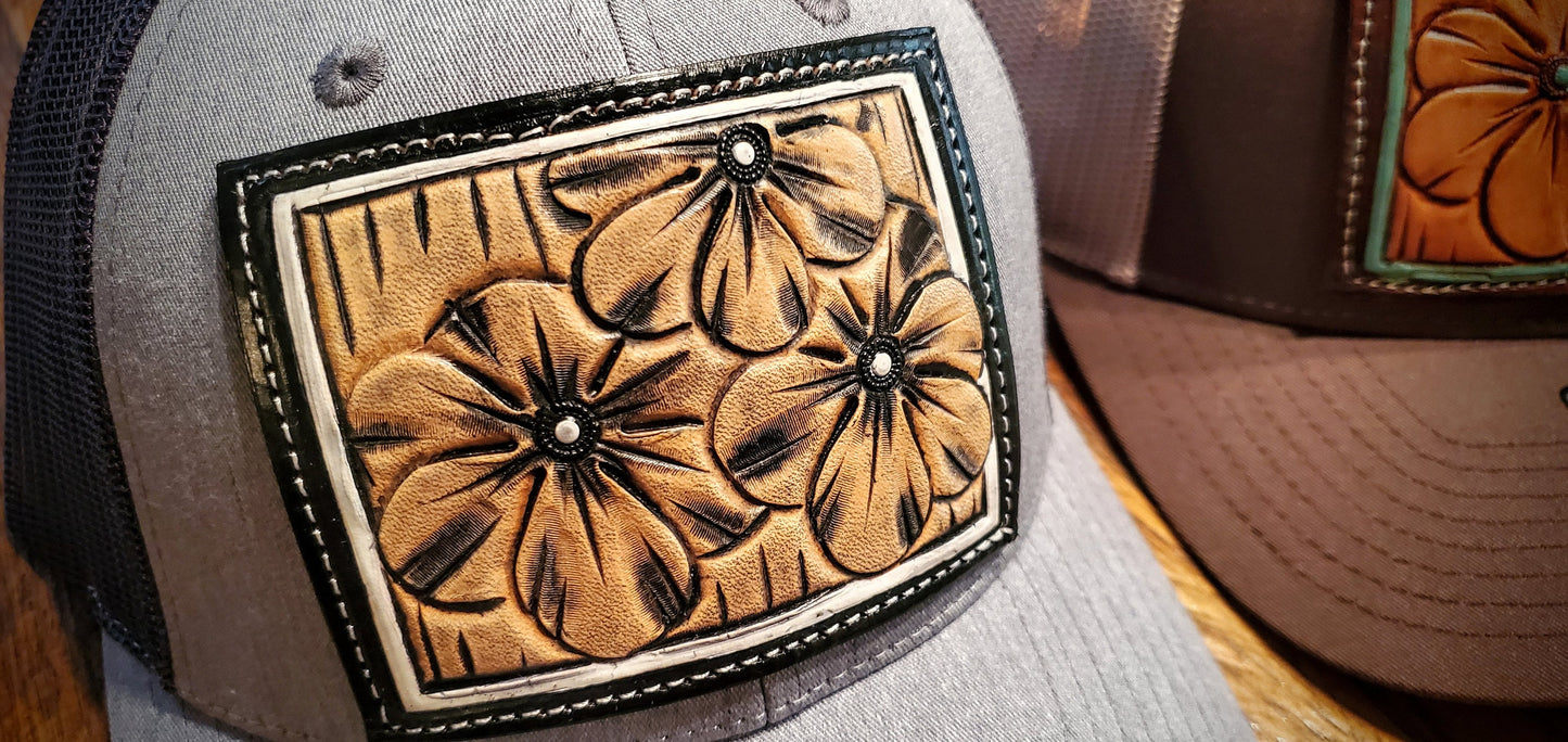 Hand Tooled Flower Western Leather Patch Hat