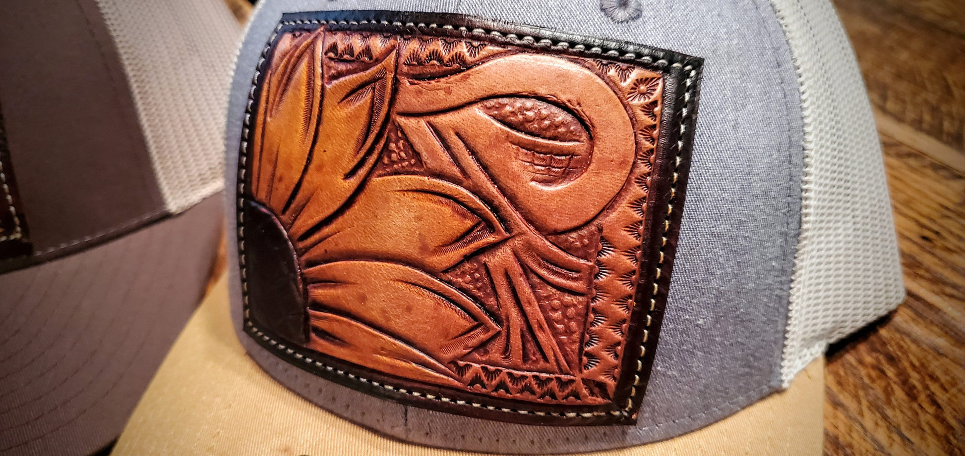 Hand Tooled Sunlower Western Leather Patch Hat