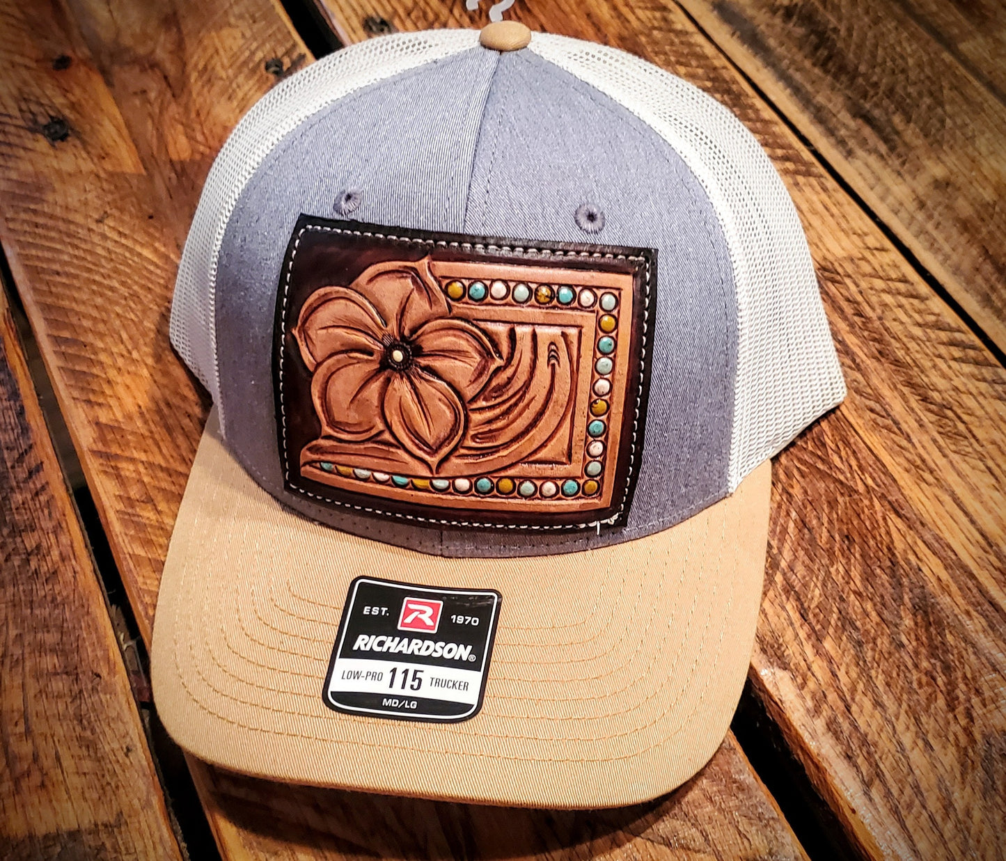 Hand Tooled Flower & Turquoise Border Western Leather Patch Hat