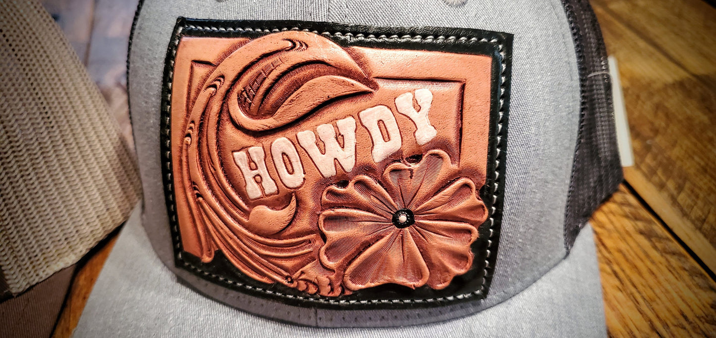 Hand Tooled Howdy Western Leather Patch Hat