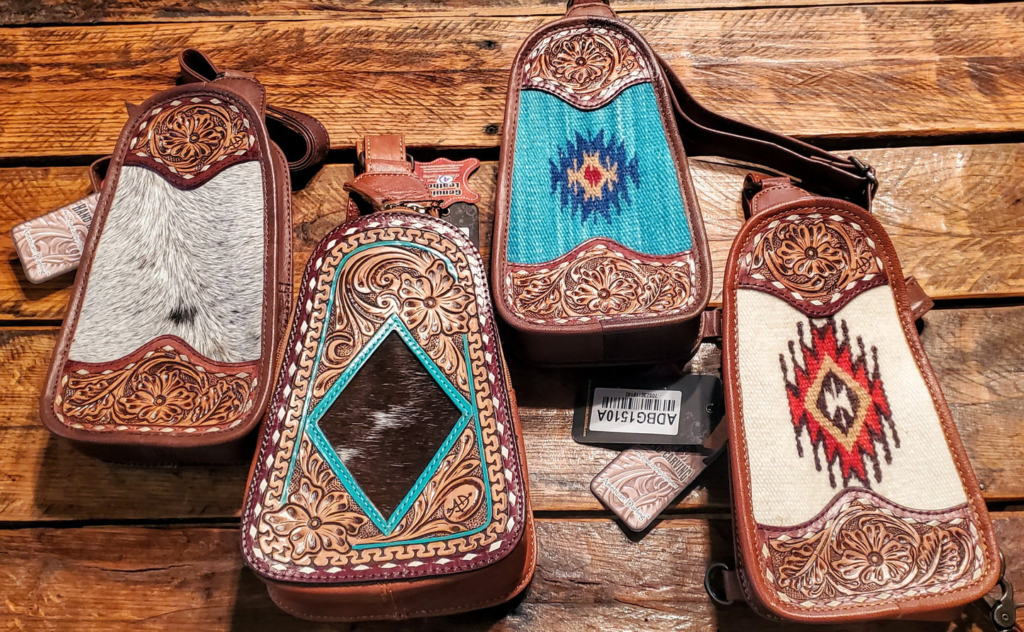 Genuine Tooled Leather Cowhide & Wool Pendleton Saddle Blanket Sling Backpacks