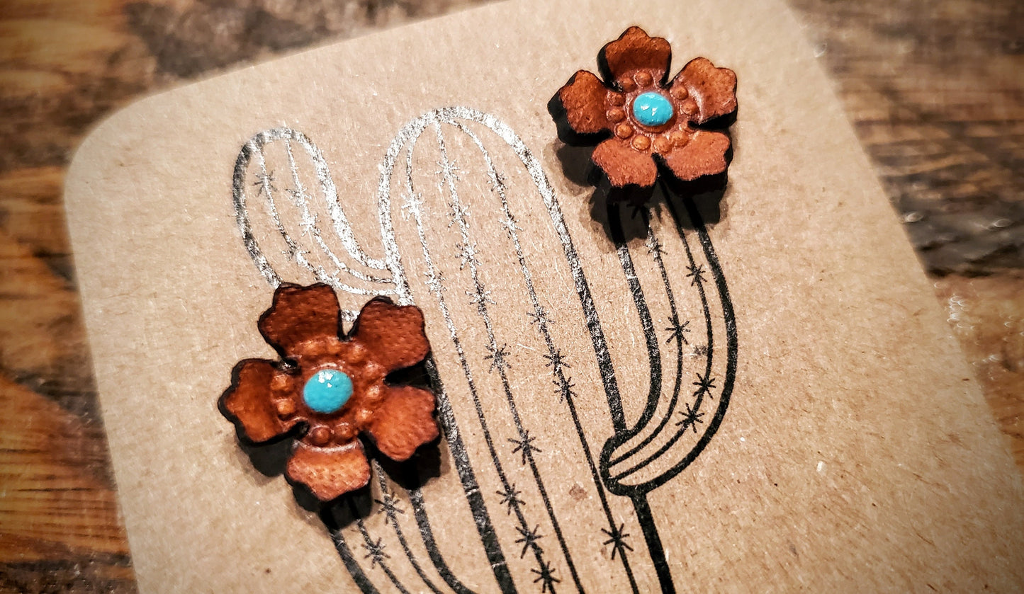 Western Rose - Handmade Western Leather Stud Earrings with Turquoise Accents