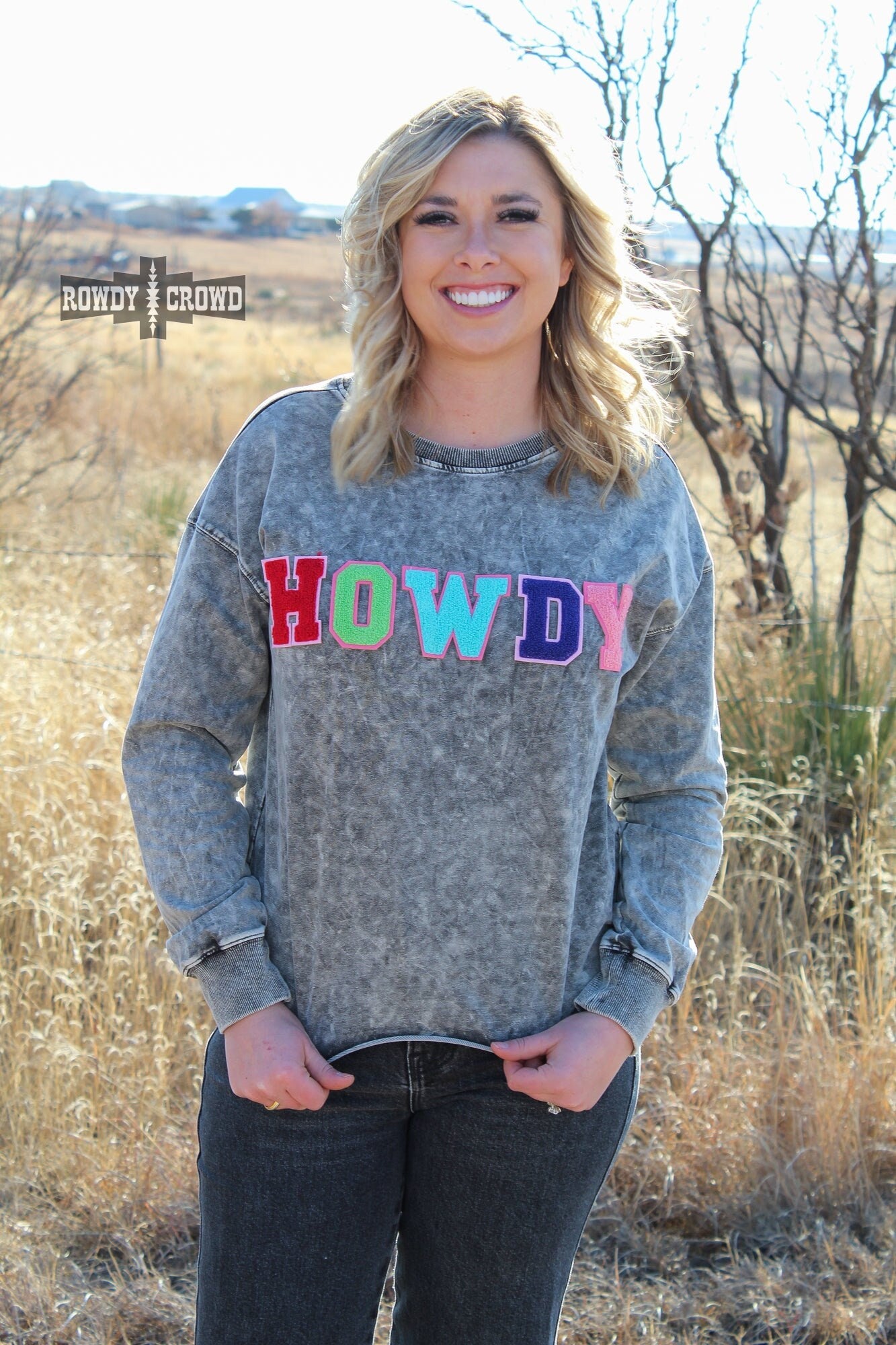 Howdy Western Chenille Letter Acid Wash Sweatshirt