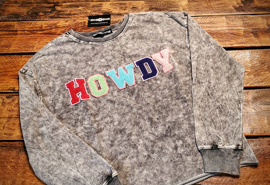 Howdy Western Chenille Letter Acid Wash Sweatshirt