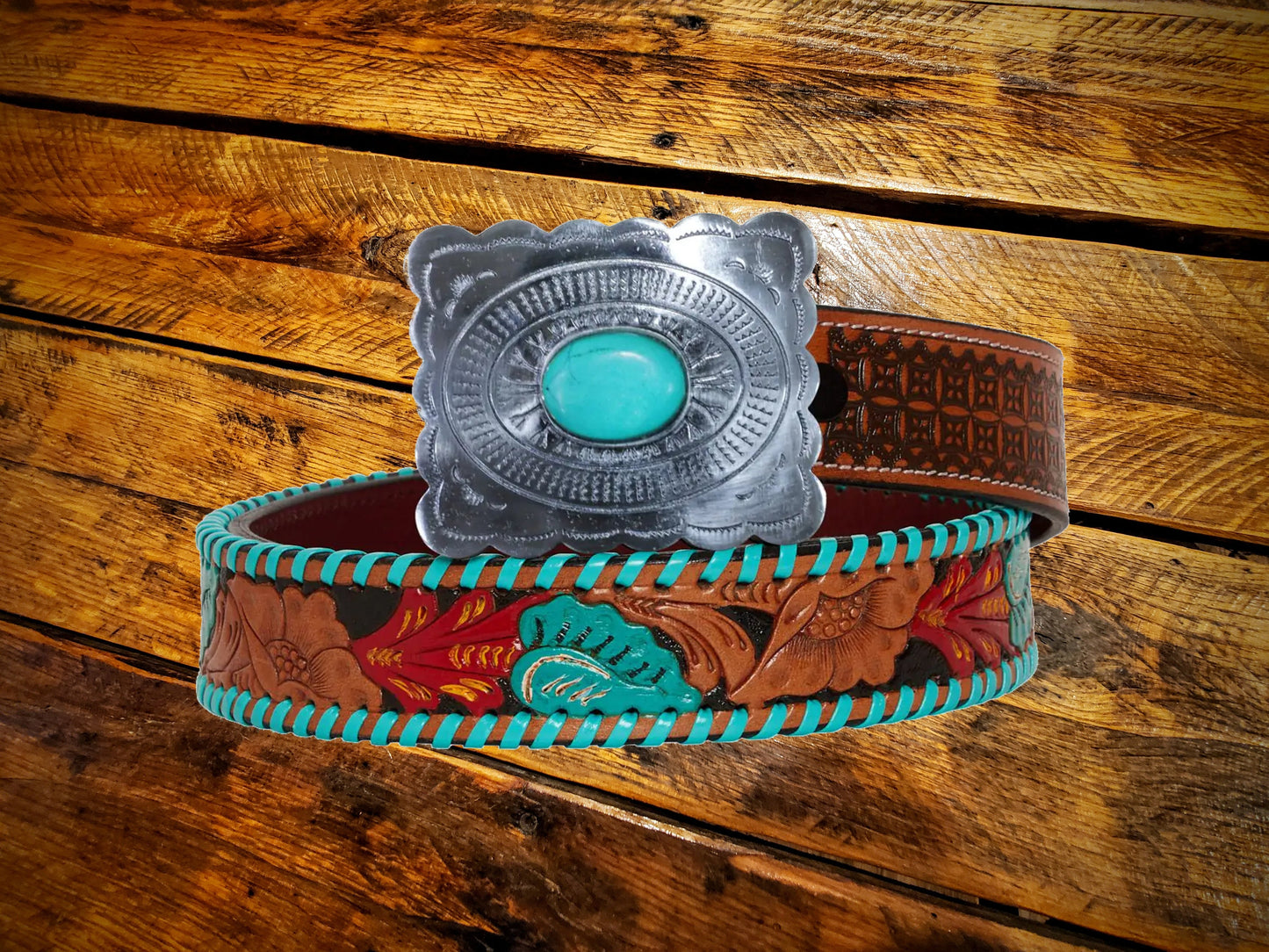 Tooled & Laced Turquoise Floral Western Leather Belt with Silver Turquoise Buckle