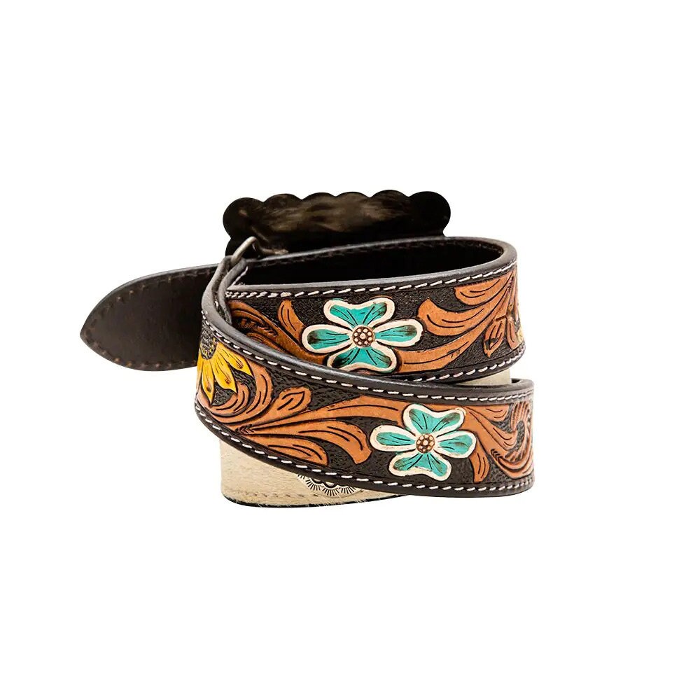 Tooled & Cowhide Concho Western Leather Belt with Silver Turquoise Buckle