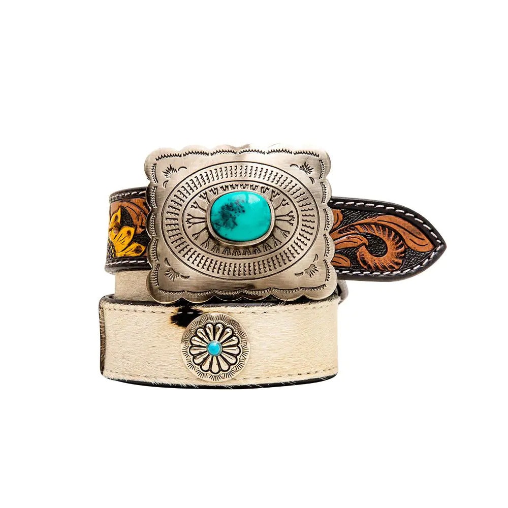 Tooled & Cowhide Concho Western Leather Belt with Silver Turquoise Buckle