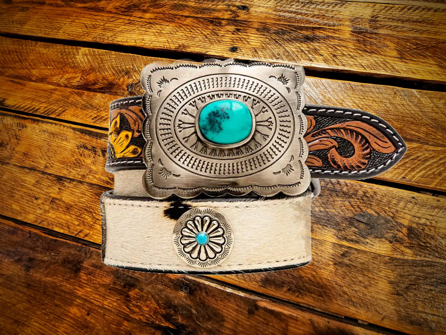 Tooled & Cowhide Concho Western Leather Belt with Silver Turquoise Buckle