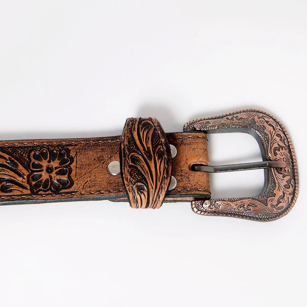 Floral Tooled Western Belt with Copper Buckle