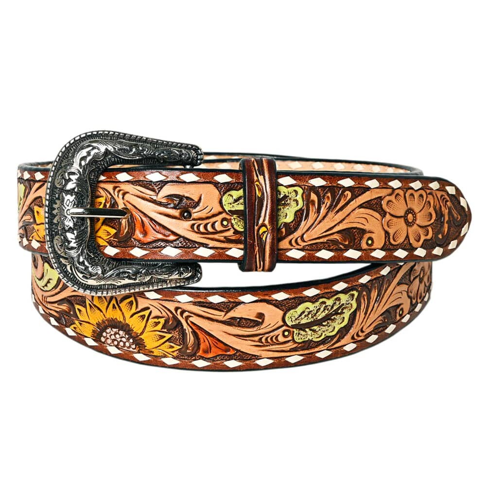 Antiqued Tooled Leather Sunflower & Buckstitch Western Belt