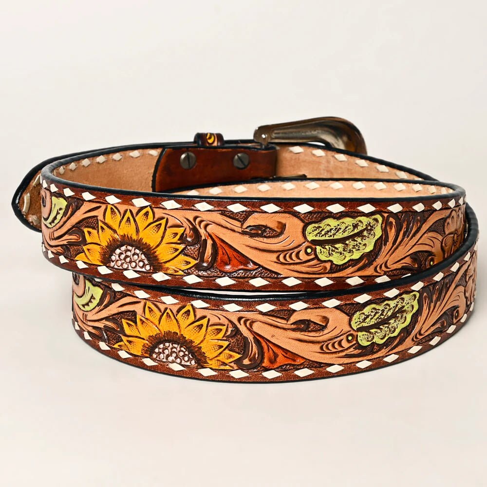 Antiqued Tooled Leather Sunflower & Buckstitch Western Belt