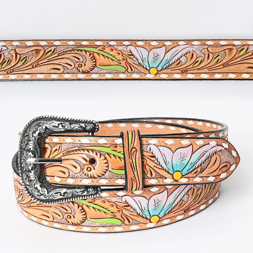 Pastel Tooled Leather Floral & Buckstitch Western Belt