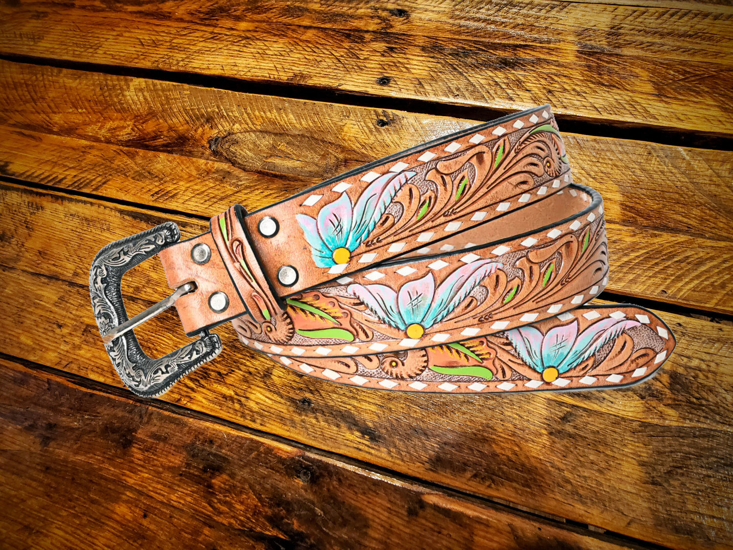 Pastel Tooled Leather Floral & Buckstitch Western Belt