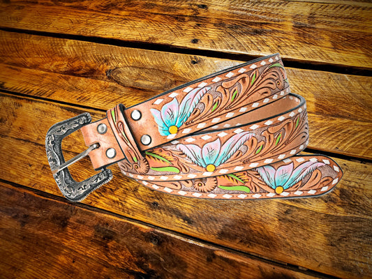 Pastel Tooled Leather Floral & Buckstitch Western Belt