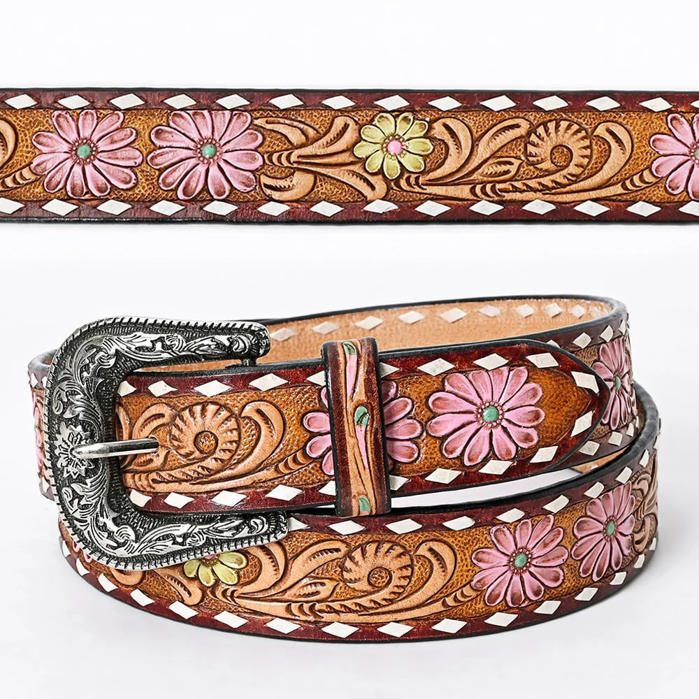 Pink Daisy Tooled Leather & Buckstitch Floral Western Belt