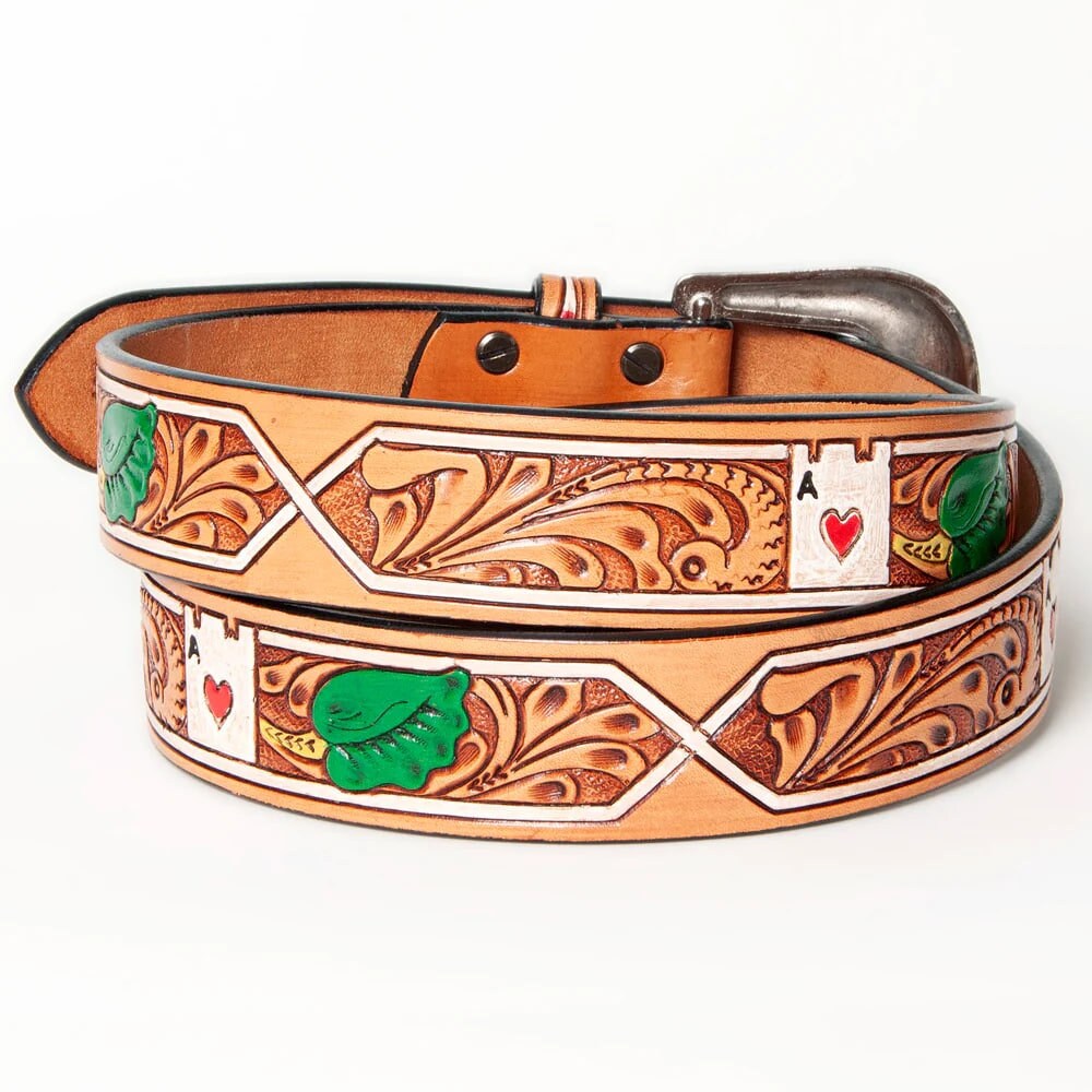 Tooled Leather Aces Poker Western Belt