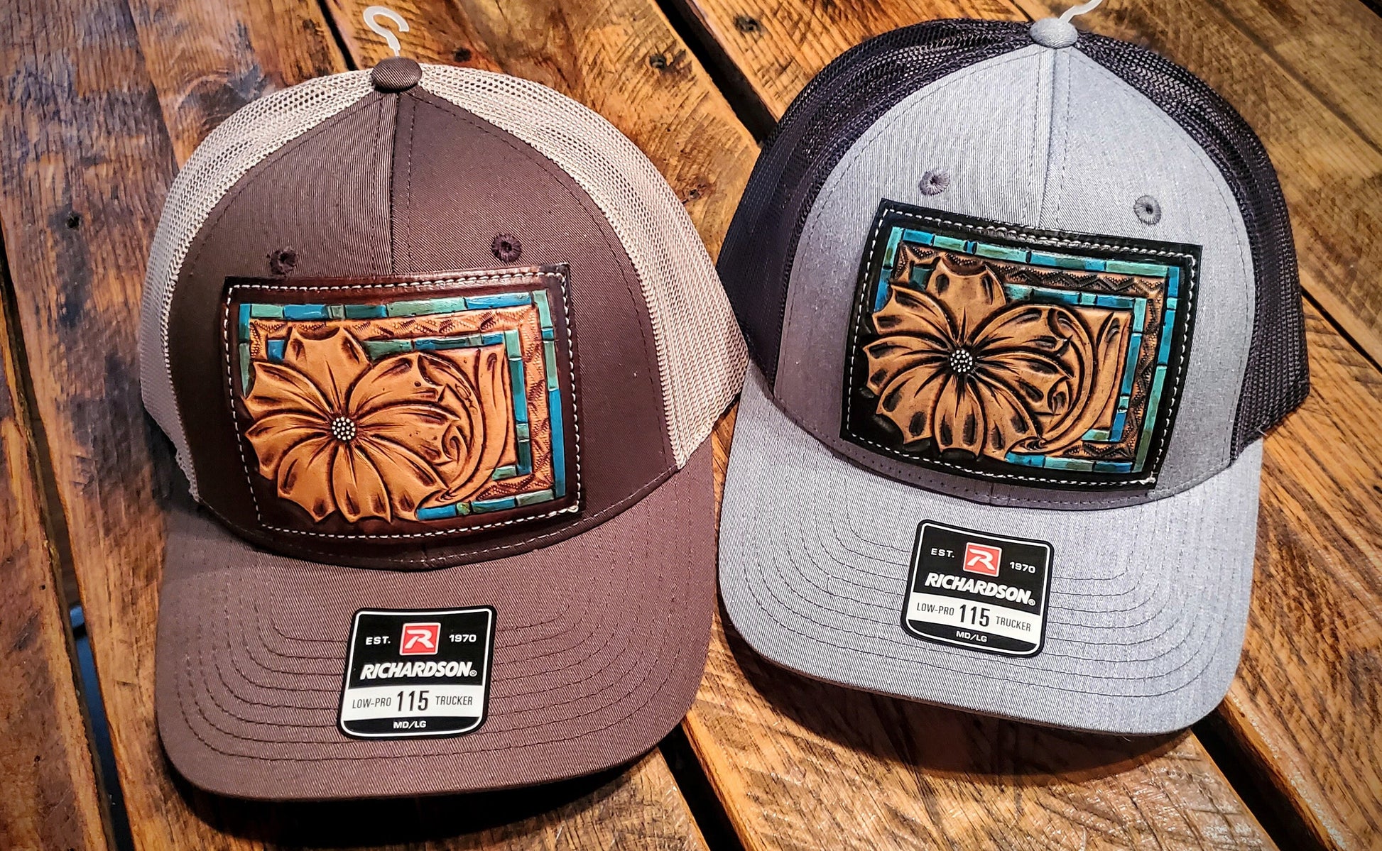 Hand Tooled Flower & Turquoise Border Western Leather Patch Hat