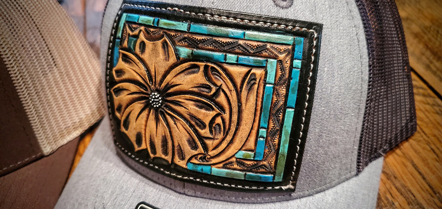 Hand Tooled Flower & Turquoise Border Western Leather Patch Hat