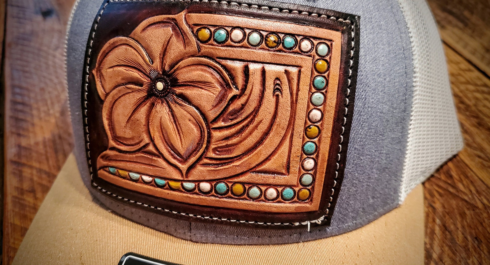 Hand Tooled Flower & Turquoise Border Western Leather Patch Hat