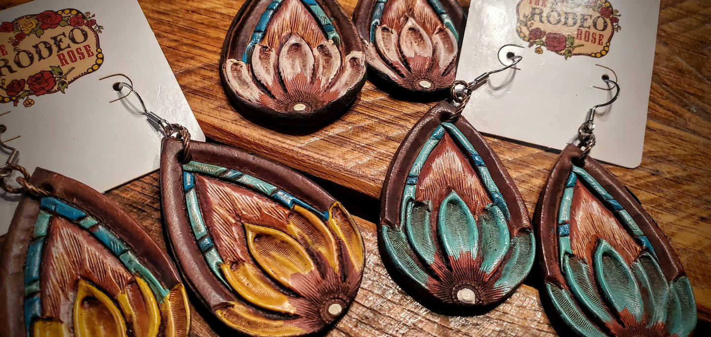 Hand Tooled Leather Flower Western Earrings