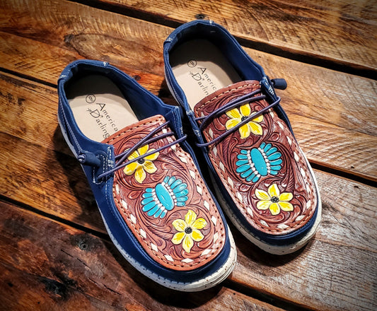 Hand Tooled Leather Hey Dude Style Casual Shoes / Mocs