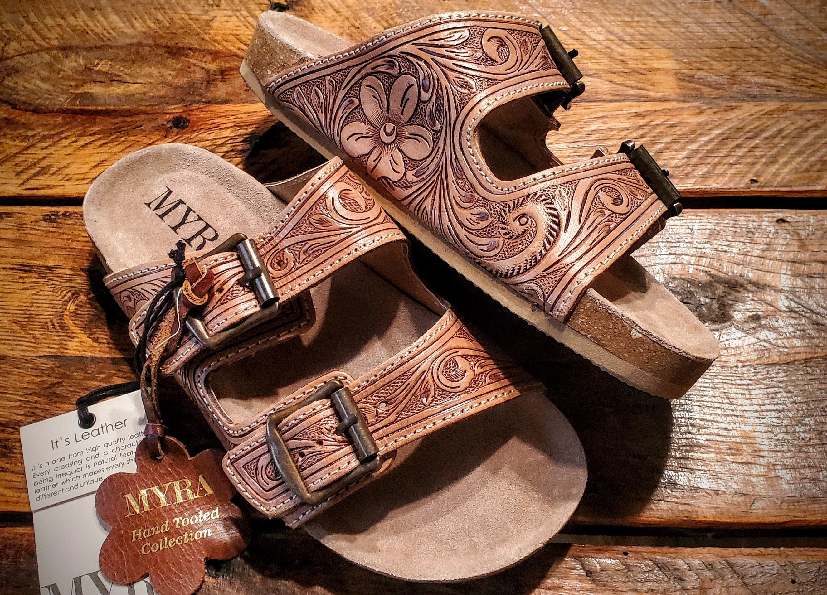 Genuine Hand Tooled Leather Birkenstock Style Footbed Buckle Sandals Women s 6