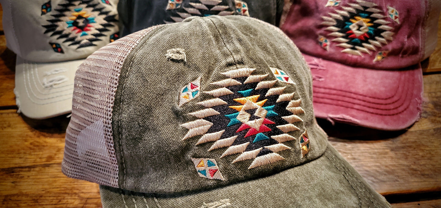 Vintage Aztec Embroidered Distressed Ponytail Hats