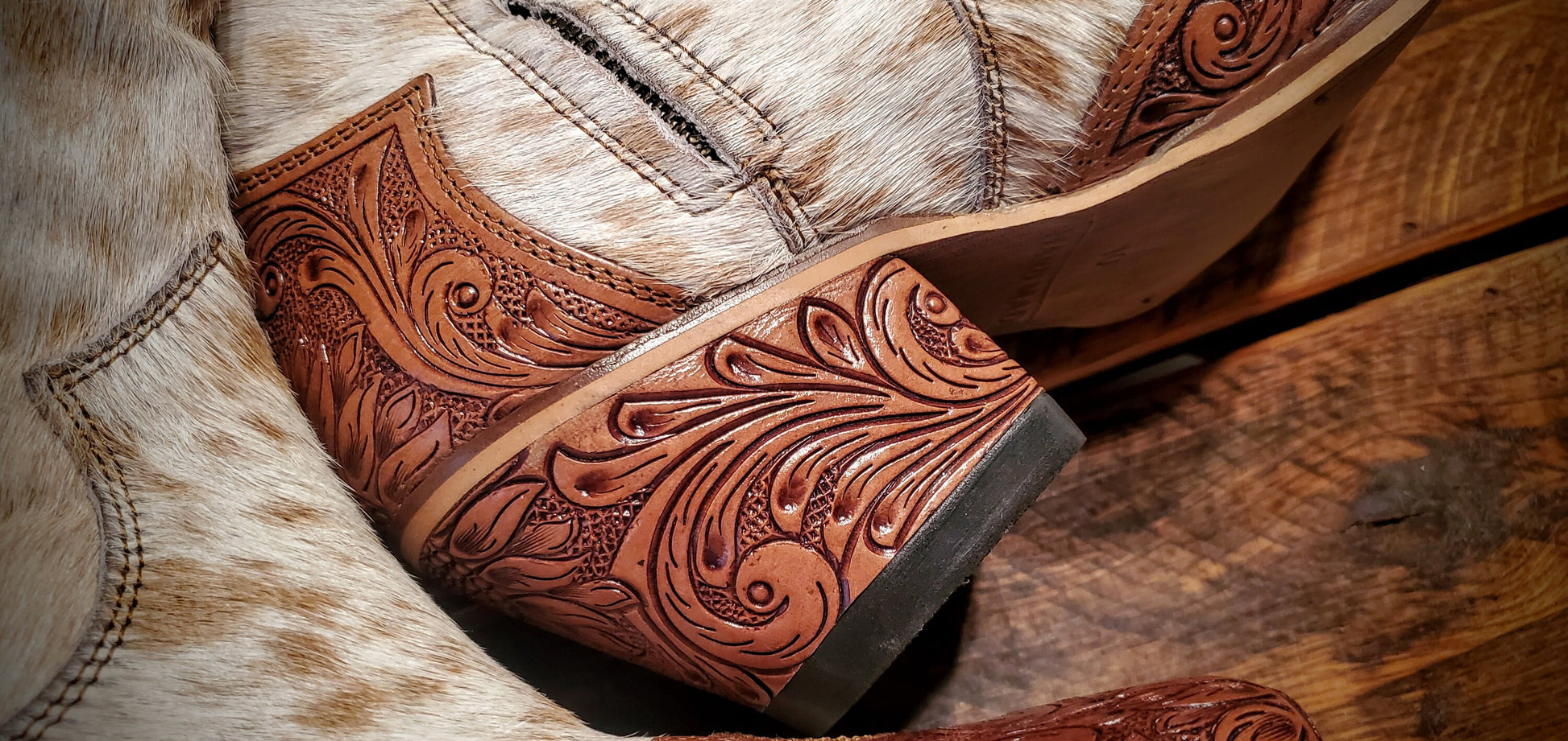 Genuine Tooled Leather & Cowhide Cowgirl Boots