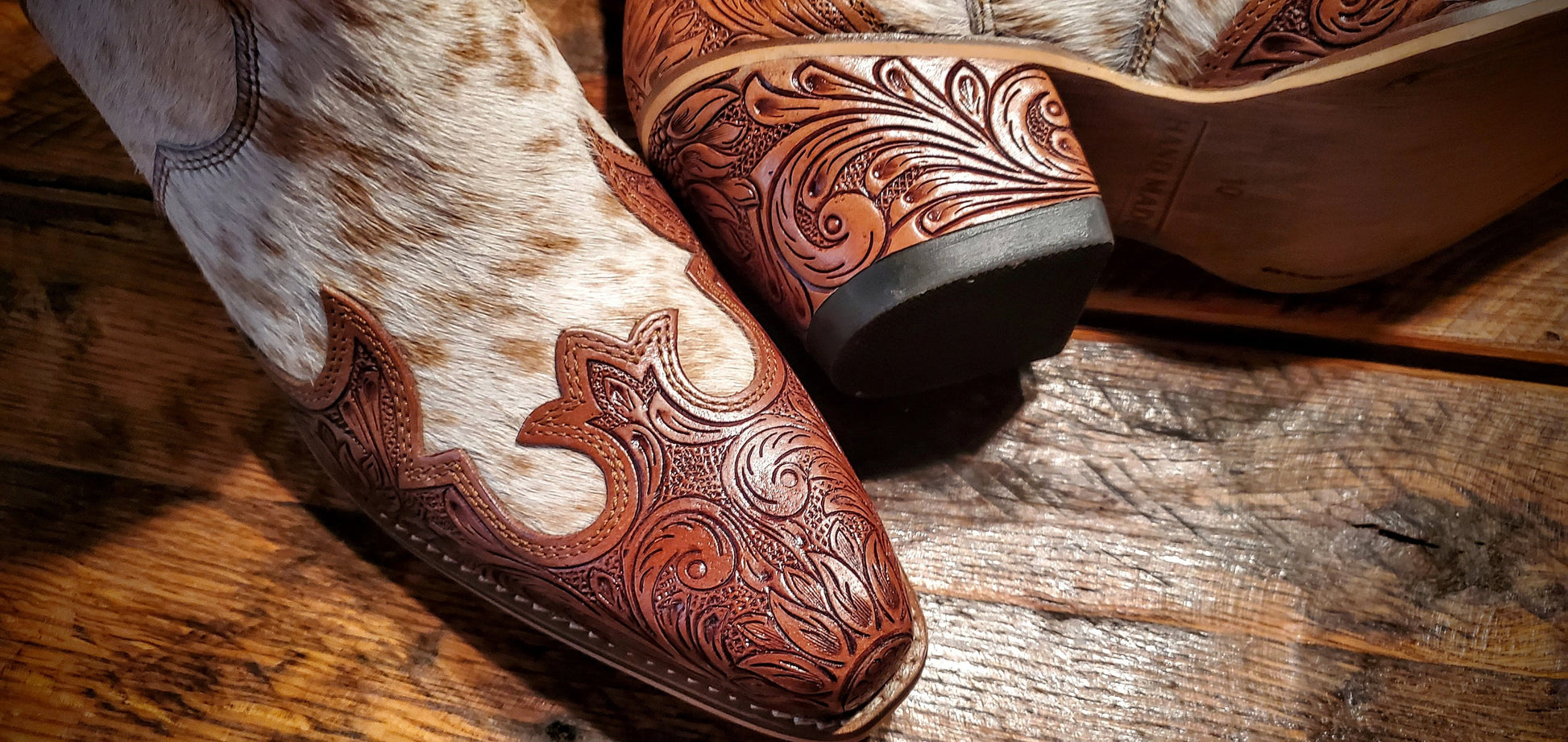 Genuine Tooled Leather & Cowhide Cowgirl Boots