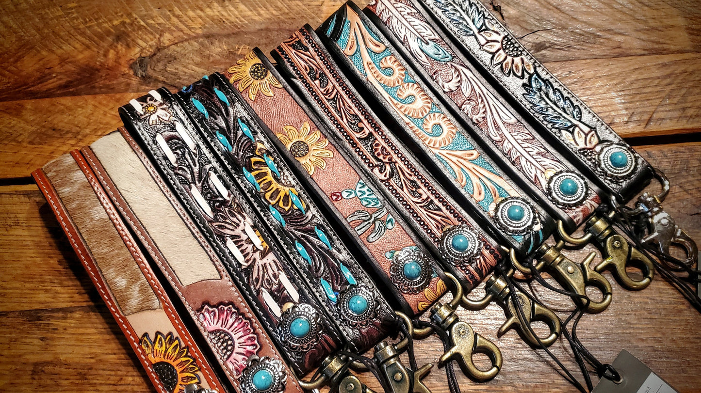 Genuine Tooled Leather Cowhide Wristlet Straps - Add to Keychains or Purse - Great Cheap Gifts & Stocking Stuffers!