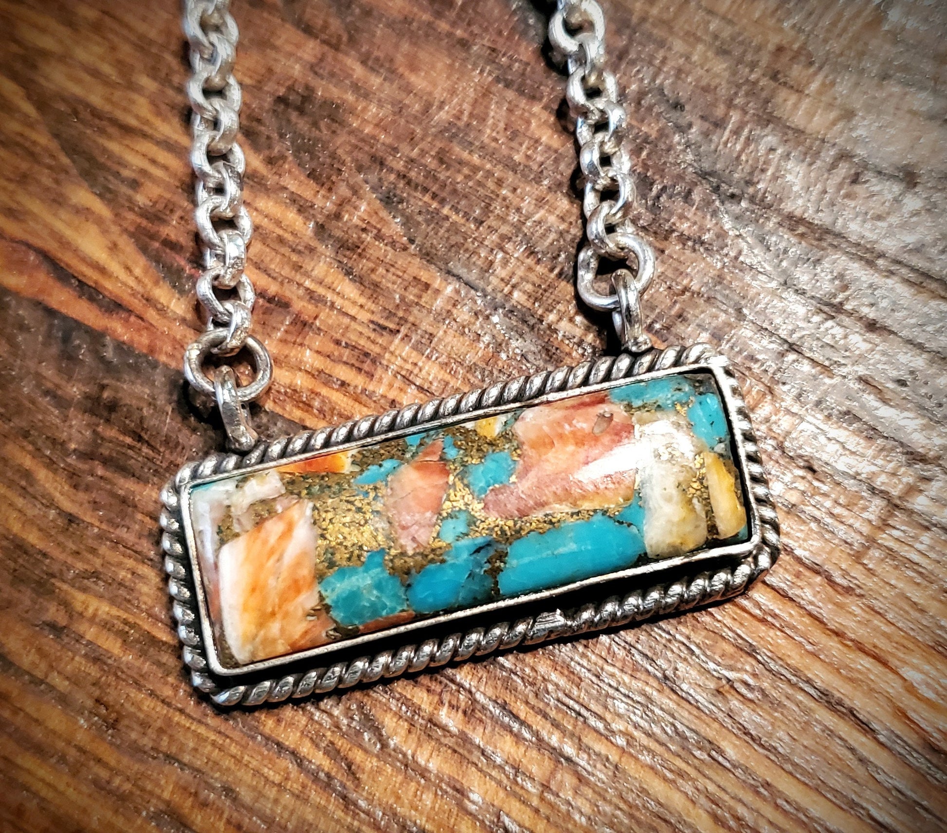 Sterling Silver, Mojave Turquoise, & Spiny Oyster Bar Pendant Necklace with 20" Sterling Silver Chain