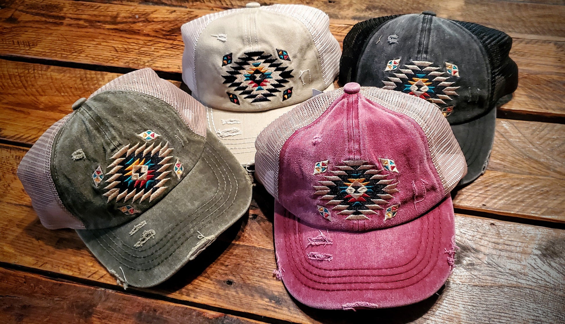 Vintage Aztec Embroidered Distressed Ponytail Hats