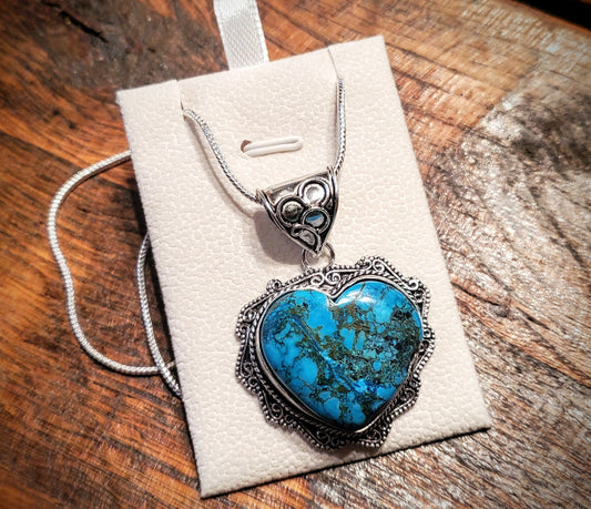 Sterling Silver & Turquoise Heart Shaped Pendant Necklace with 24" Sterling Silver Chain