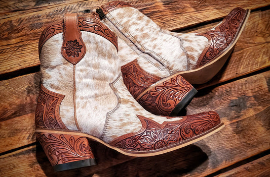 Genuine Tooled Leather & Cowhide Cowgirl Boots