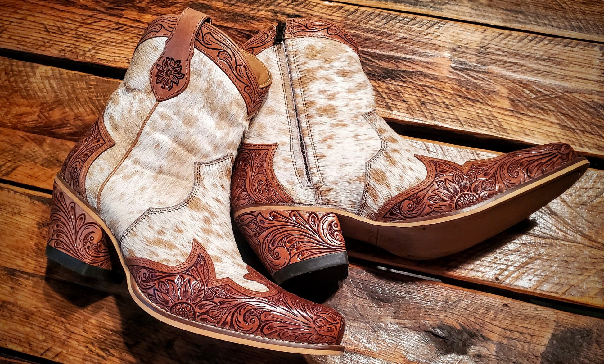 Genuine Tooled Leather & Cowhide Cowgirl Boots