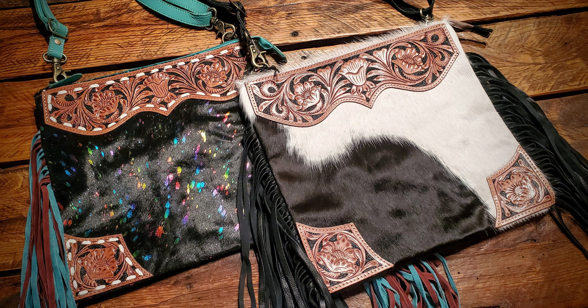 Genuine Western Tooled Leather & Cowhide Fringe Crossbody Purse