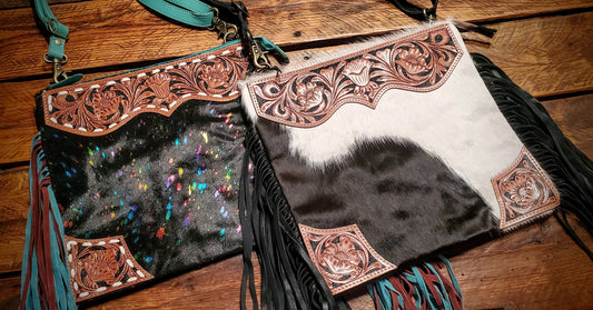 Genuine Western Tooled Leather & Cowhide Fringe Crossbody Purse